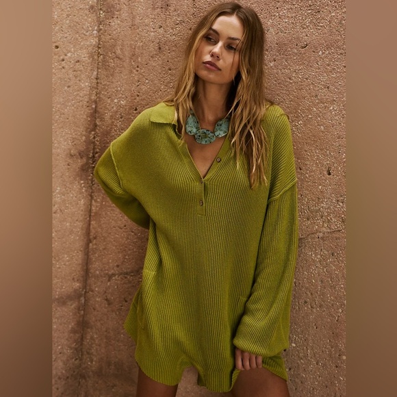Free People Beach Picnic Sweater Romper In Lentil Sprout Size Small linen cotton - Picture 1 of 8
